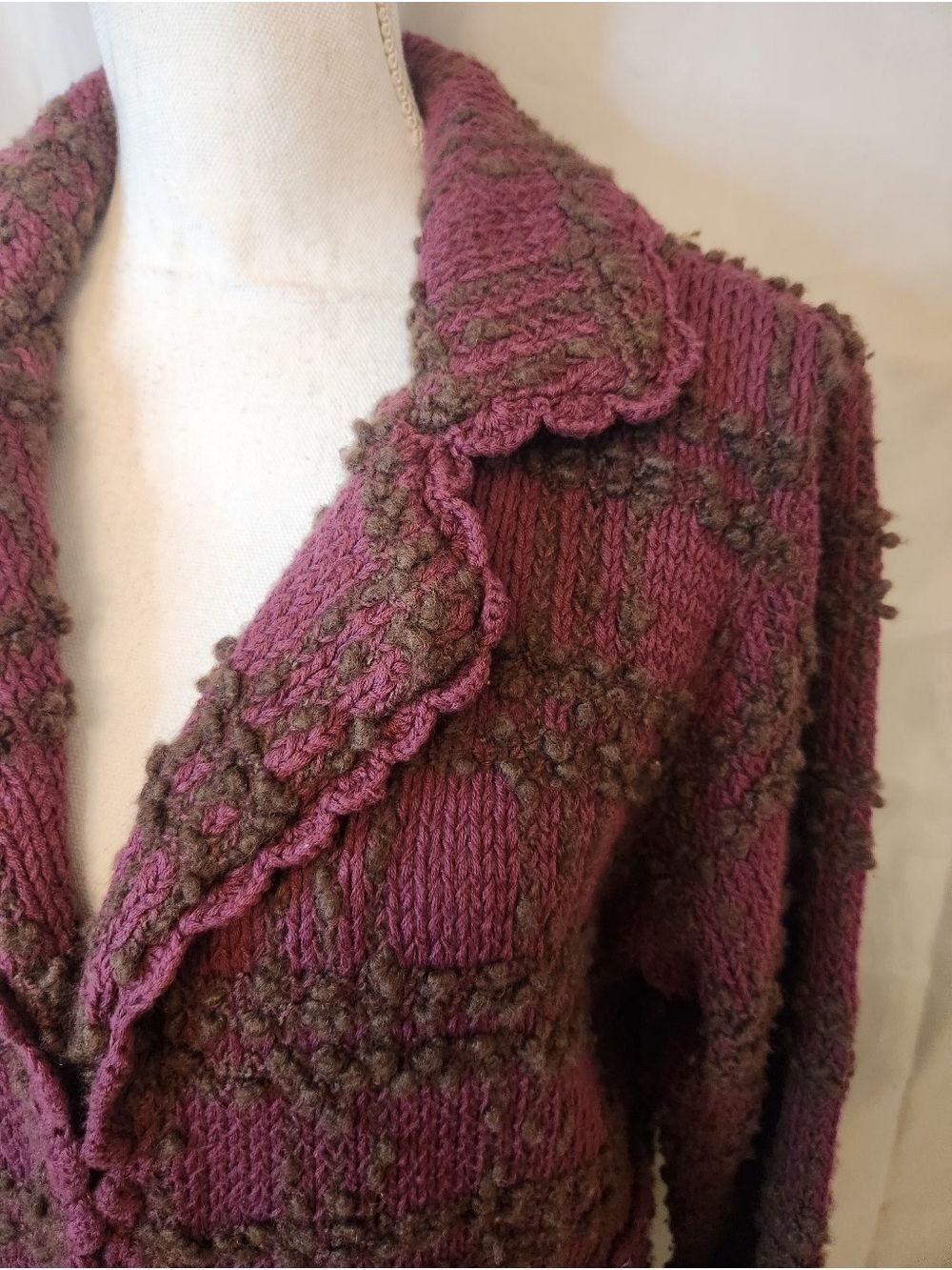 Vintage-Style Longline Knit Duster Cardigan - Plum & Brown Textured Empire Waist - Picture 7 of 15